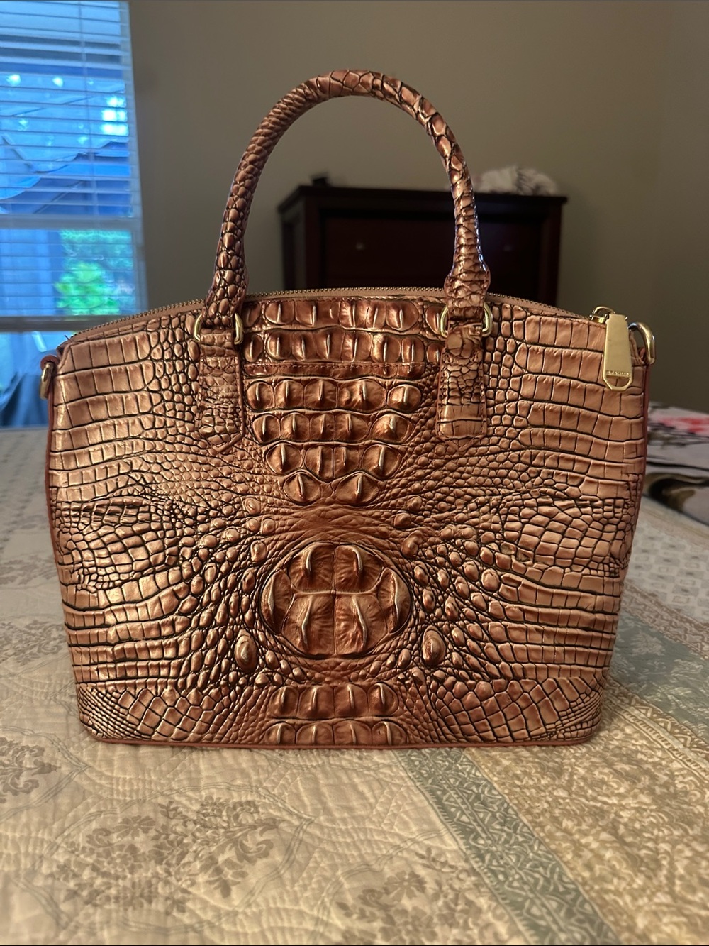Brahmin Metallic Bronze Croc-Embossed Satchel